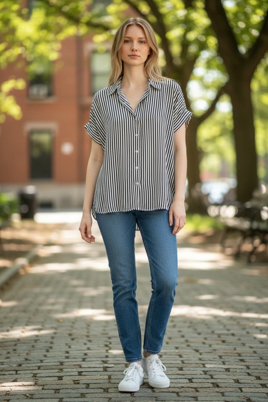 COSMIC BLUE LOVE Top Size S Blue White Stripe Navy Button Down Collar Resort